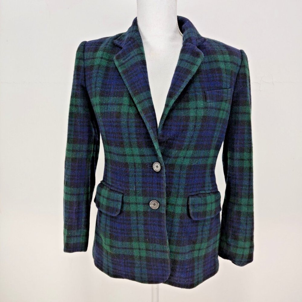 Lauren Ralph Lauren Wool Plaid Blazer Jacket Size 6 P Green Navy Two Button